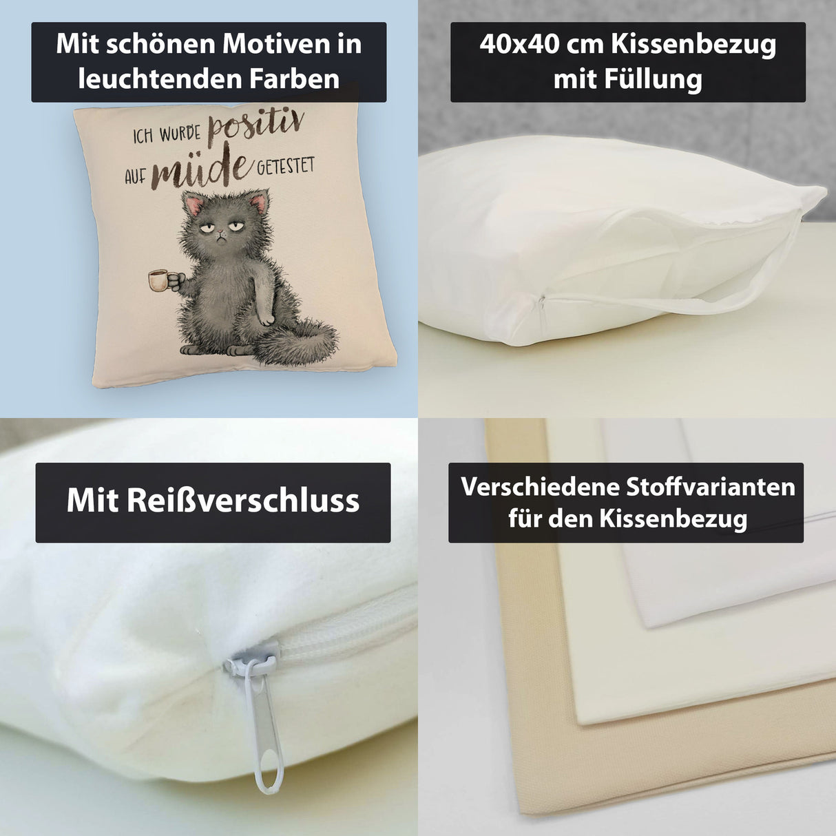 Genervte Katze Kissen mit Spruch positiv auf müde getestet