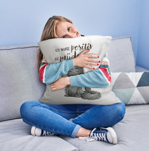 Genervte Katze Kissen mit Spruch positiv auf müde getestet