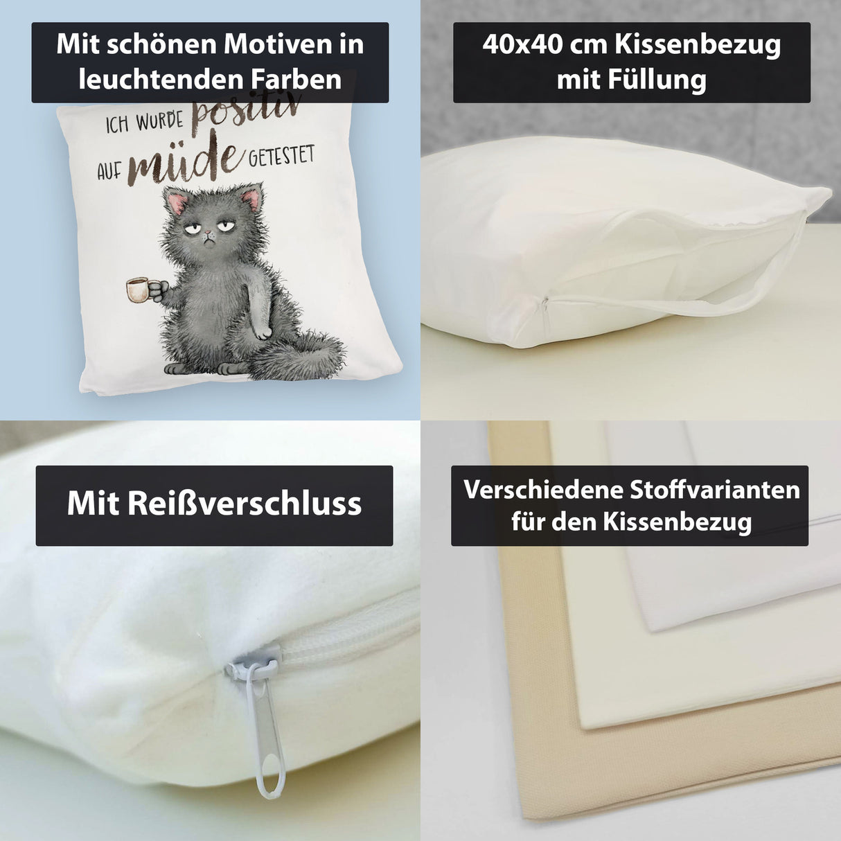 Genervte Katze Kissen mit Spruch positiv auf müde getestet