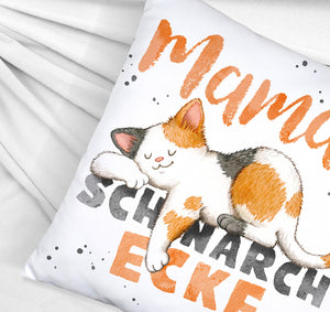 Orange Katze Kissen mit Spruch Mamas Schnarchecke