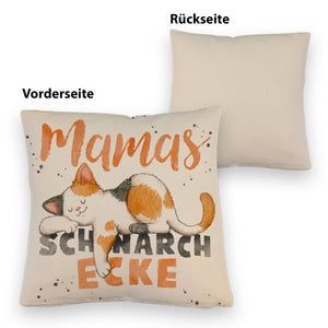 Orange Katze Kissen mit Spruch Mamas Schnarchecke