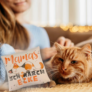 Orange Katze Kissen mit Spruch Mamas Schnarchecke