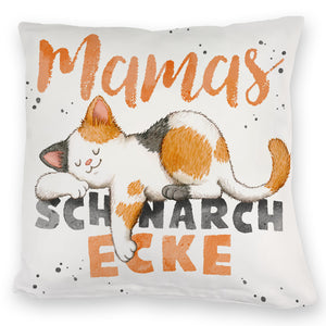 Orange Katze Kissen mit Spruch Mamas Schnarchecke