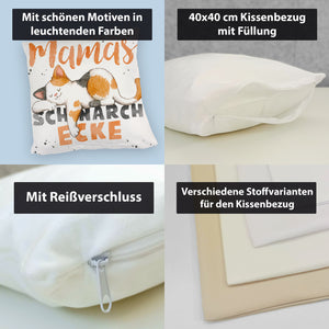 Orange Katze Kissen mit Spruch Mamas Schnarchecke