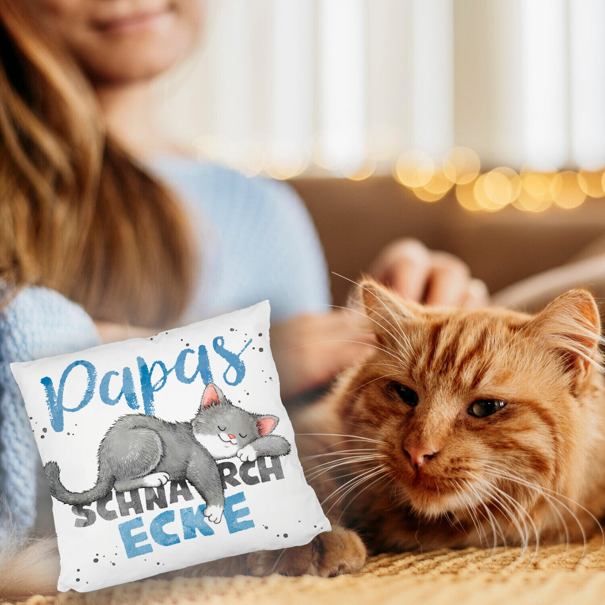 Orange Katze Kissen mit Spruch Mamas Schnarchecke