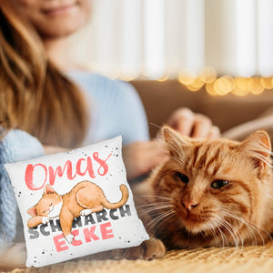 Orange Katze Kissen mit Spruch Mamas Schnarchecke