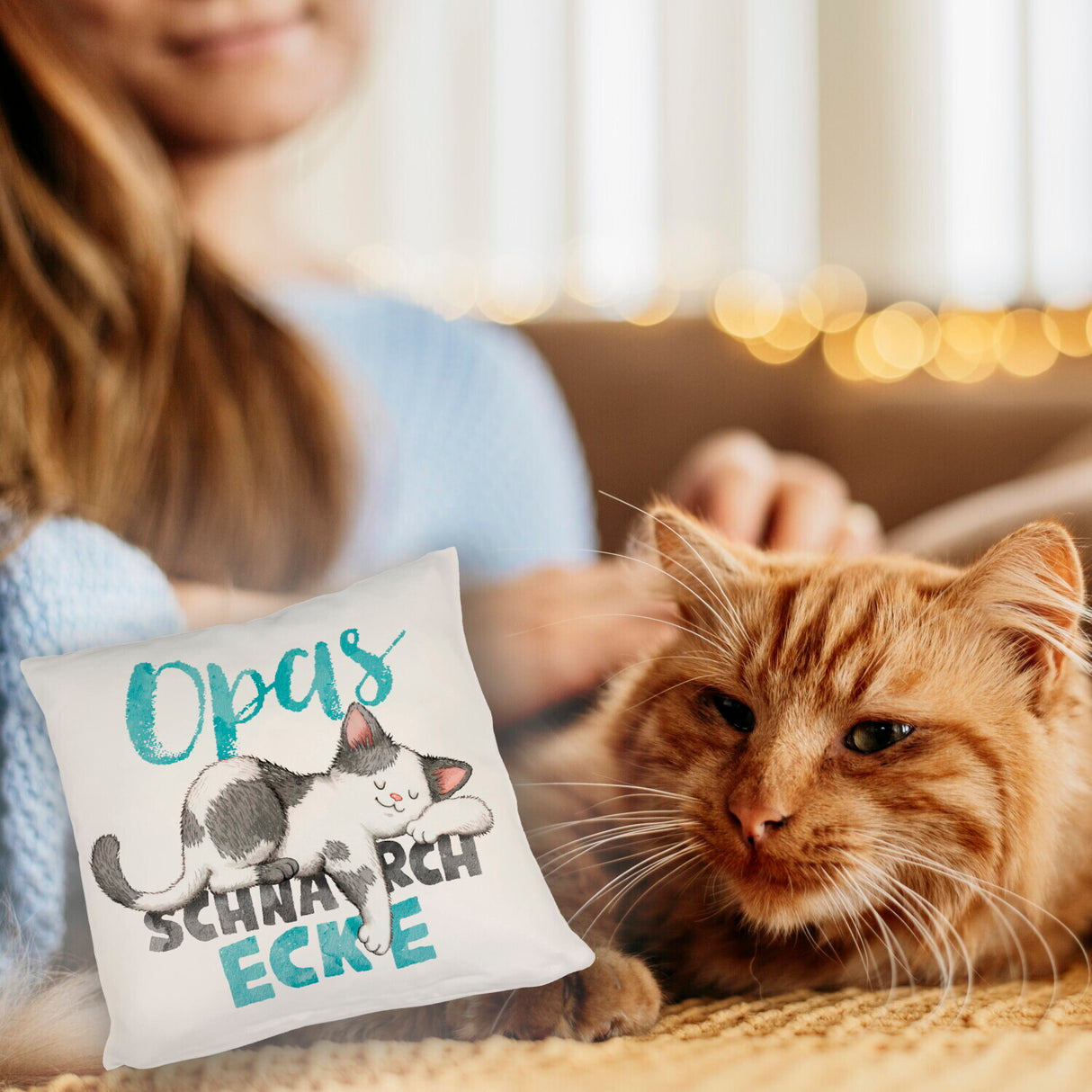 Orange Katze Kissen mit Spruch Mamas Schnarchecke