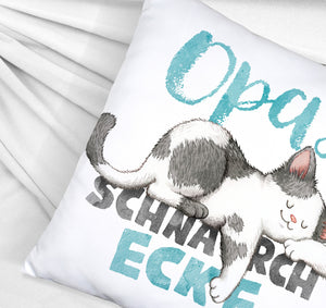Orange Katze Kissen mit Spruch Mamas Schnarchecke