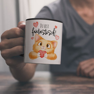 Katze Kaffeebecher mit Spruch Du bist fantastisch