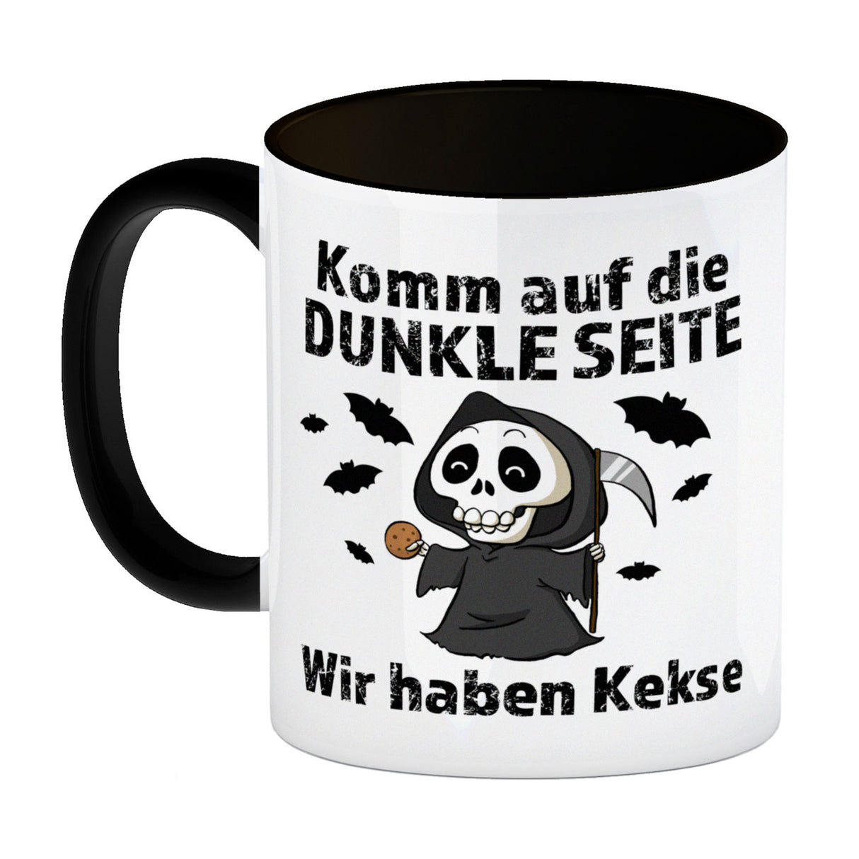 Komm auf die dunkle Seite Kaffeebecher mit Spruch Wir haben Kekse