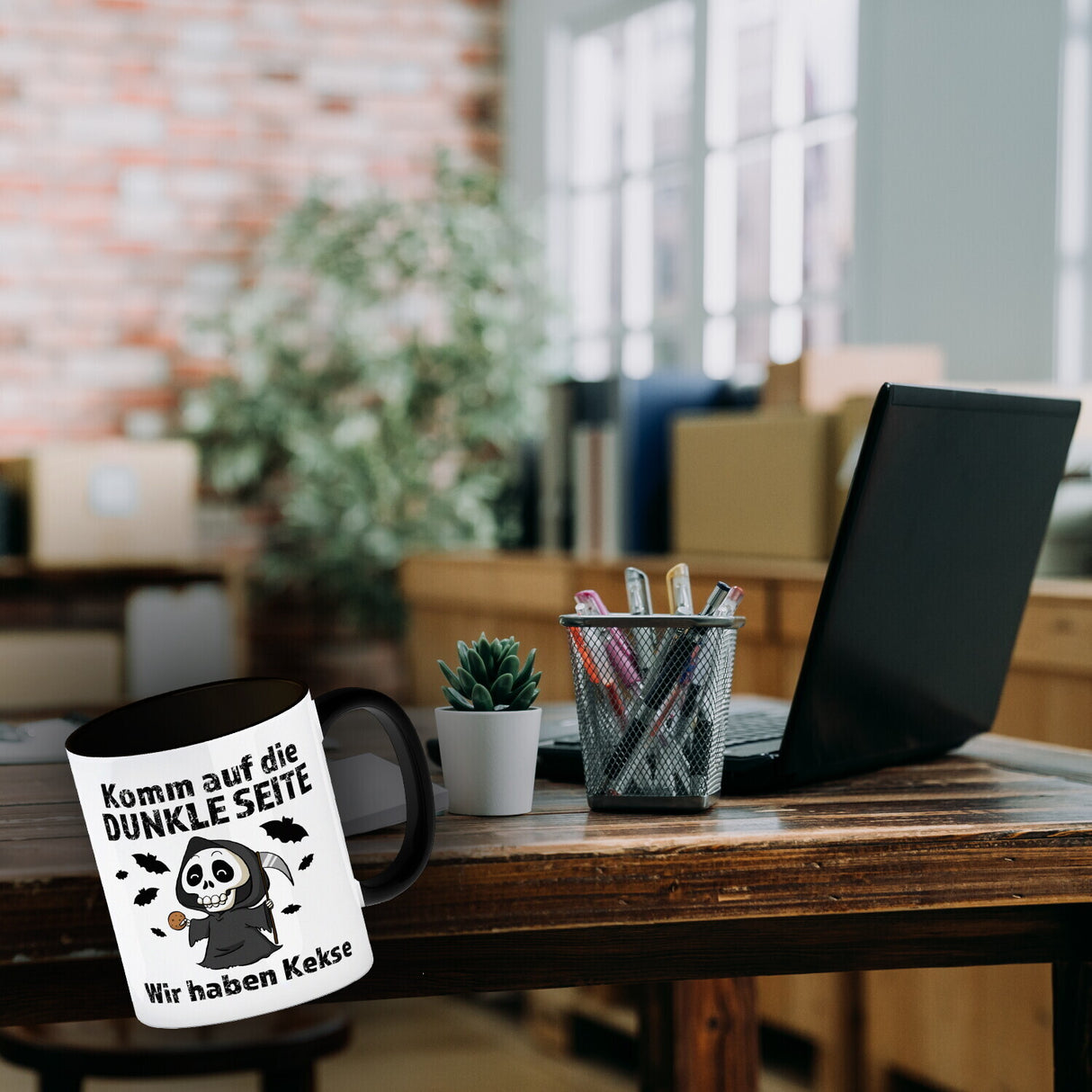 Komm auf die dunkle Seite Kaffeebecher mit Spruch Wir haben Kekse
