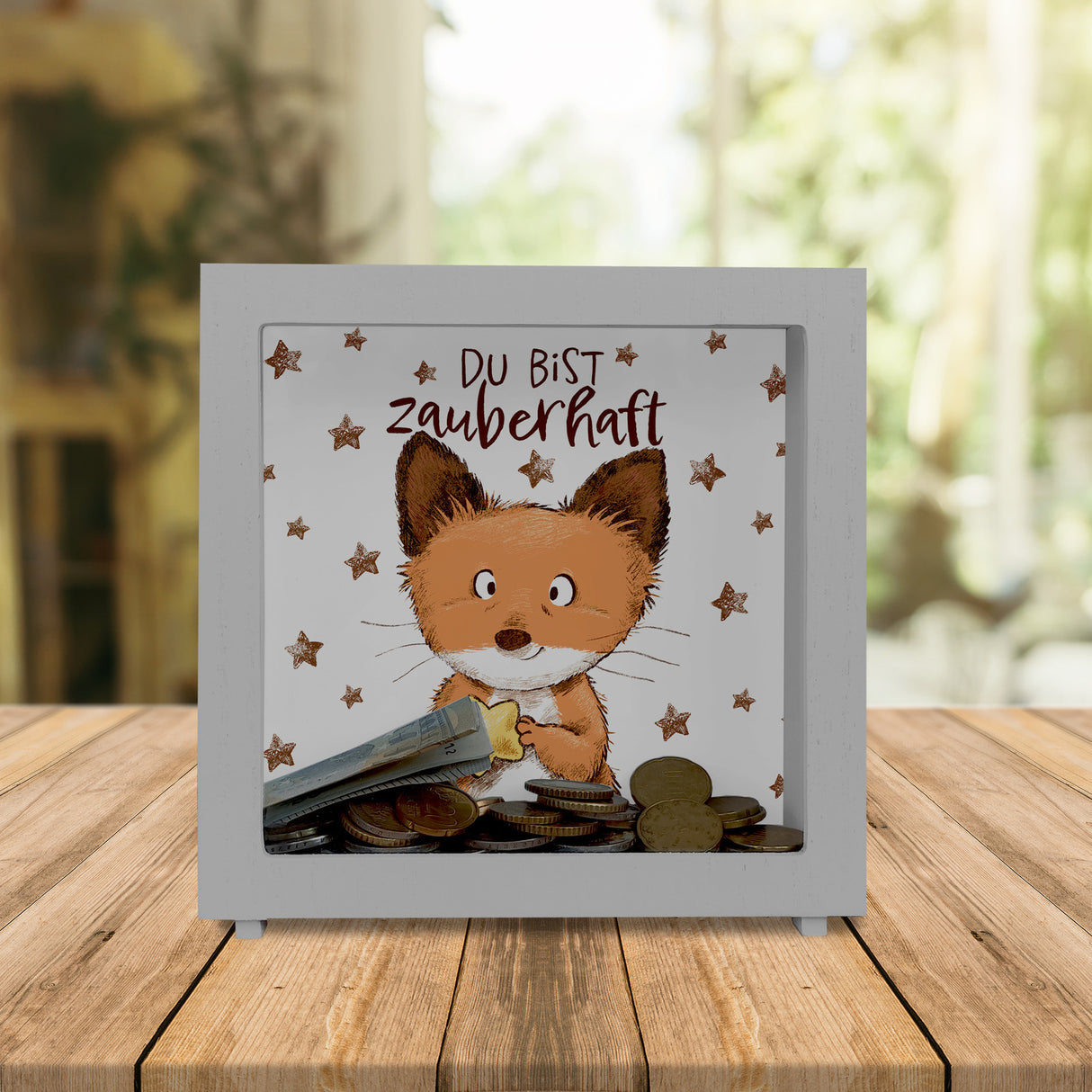 Du bist zauberhaft Spardose mit Fuchs im Aquarell-Stil und Spruch