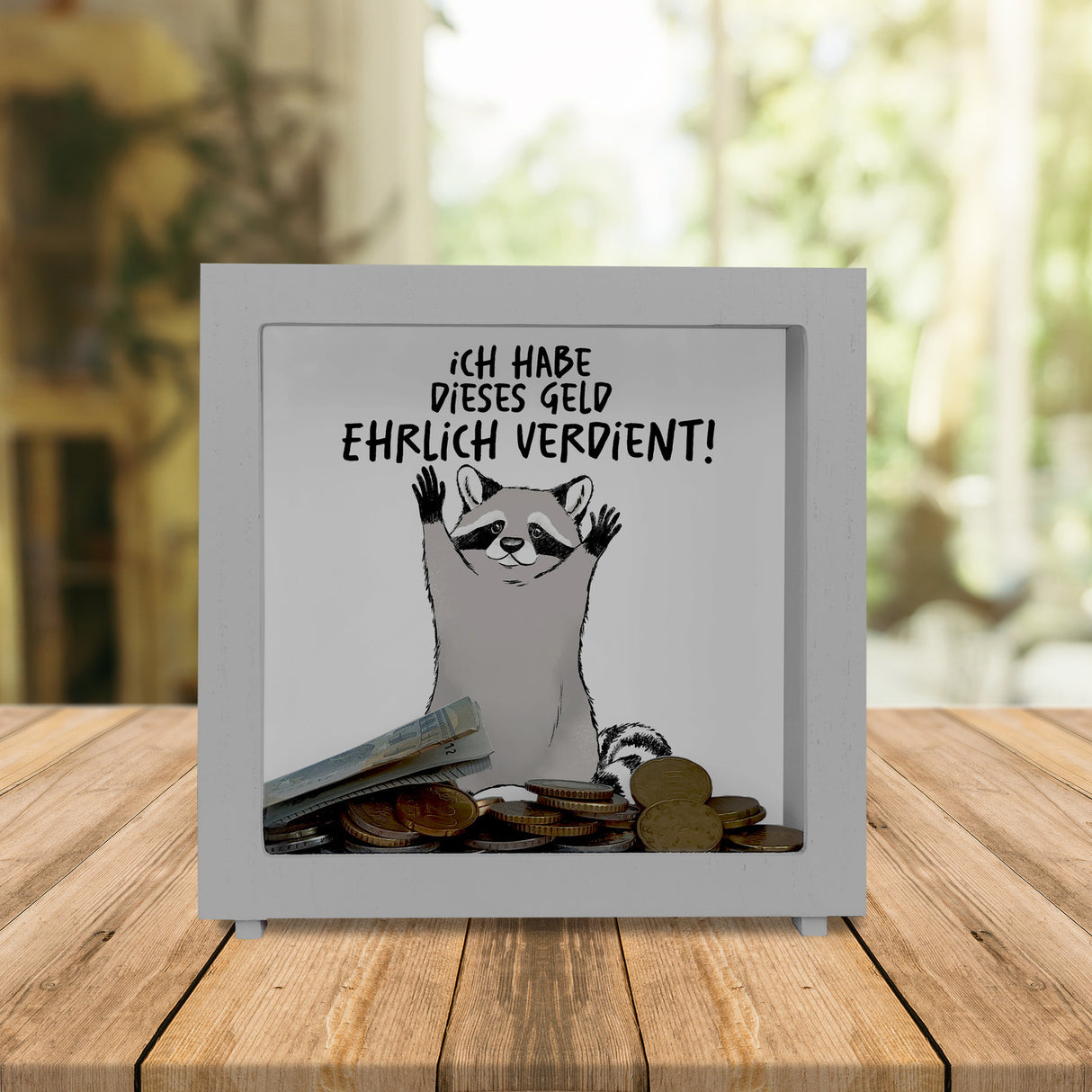 Waschbär Spardose mit Spruch Ich habe dieses Geld ehrlich verdient