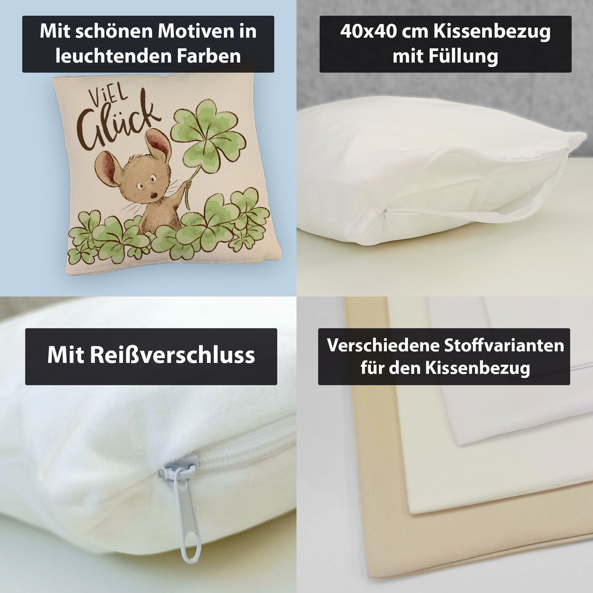 Maus Kissen mit Spruch Viel Glück