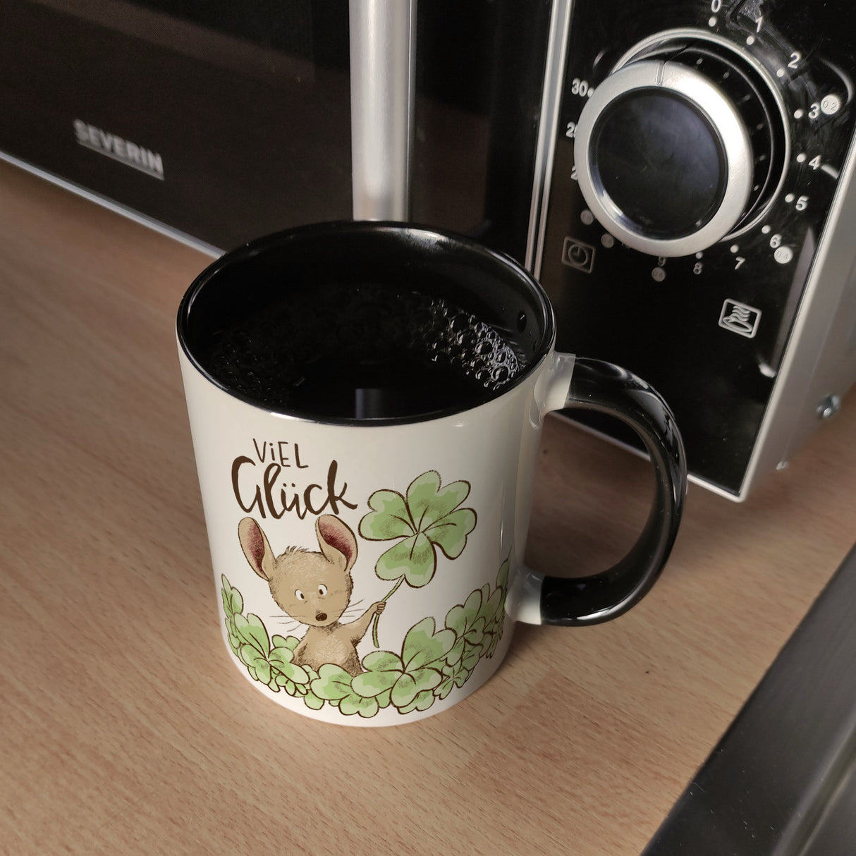 Maus Kaffeebecher mit Spruch Viel Glück