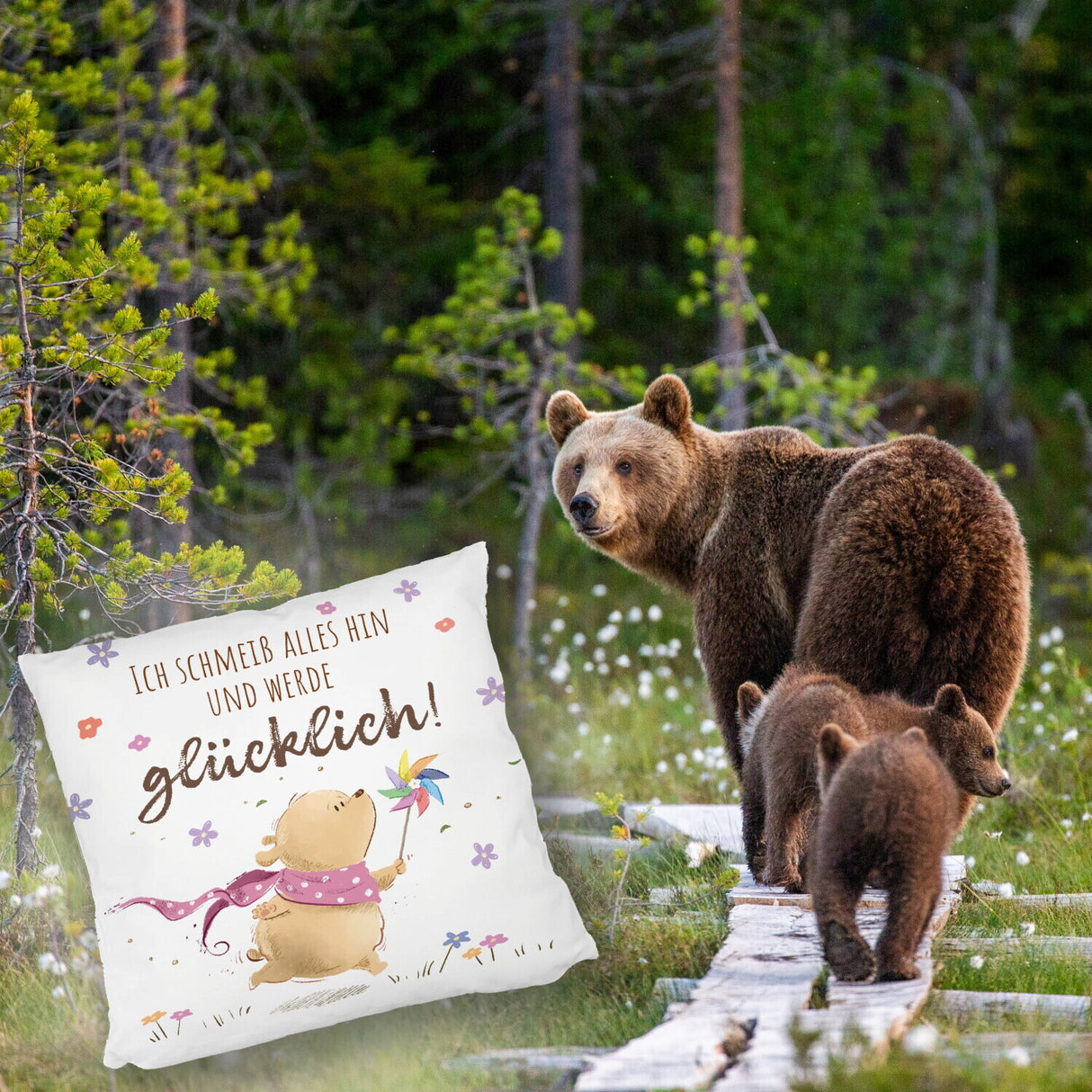 Glücklicher Bär Kissen mit Spruch Ich schmeiß alles hin