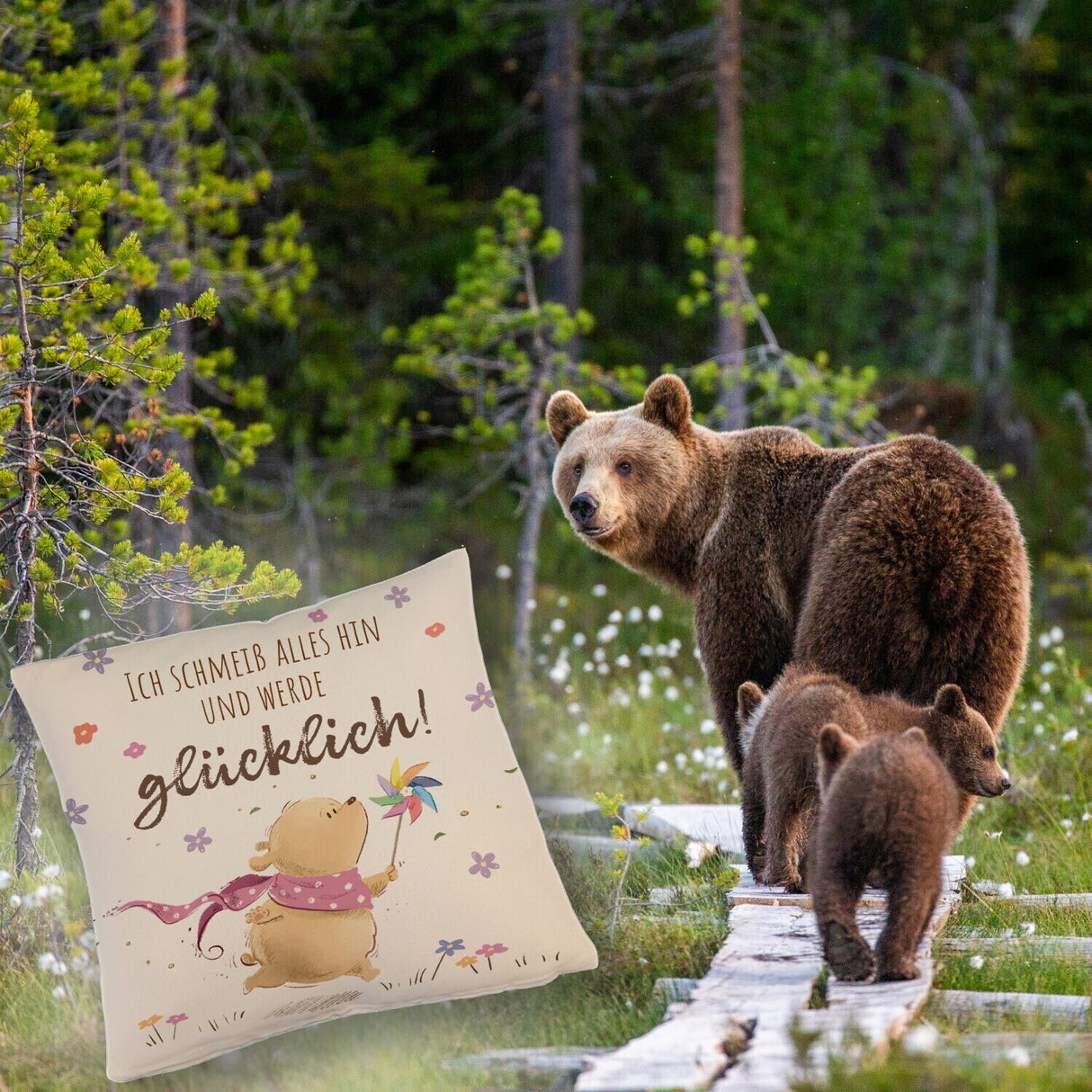 Glücklicher Bär Kissen mit Spruch Ich schmeiß alles hin