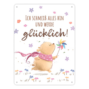 Glücklicher Bär Metallschild in 15x20 cm mit Spruch Ich schmeiß alles hin