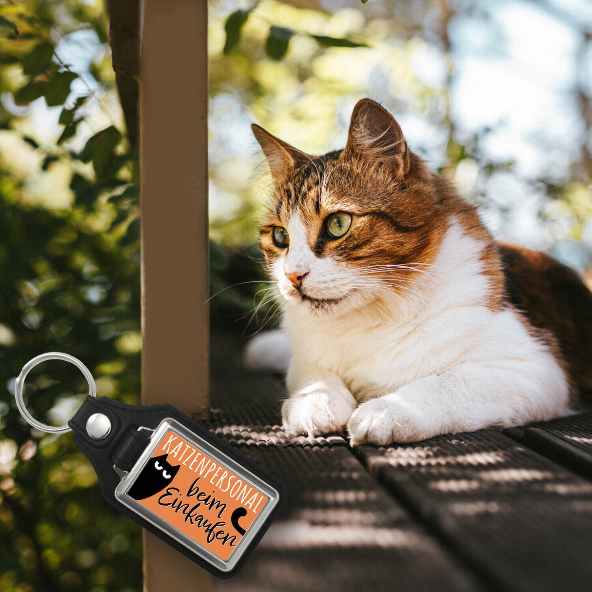 Katze Schlüsselanhänger mit Spruch Katzenpersonal beim Einkaufen