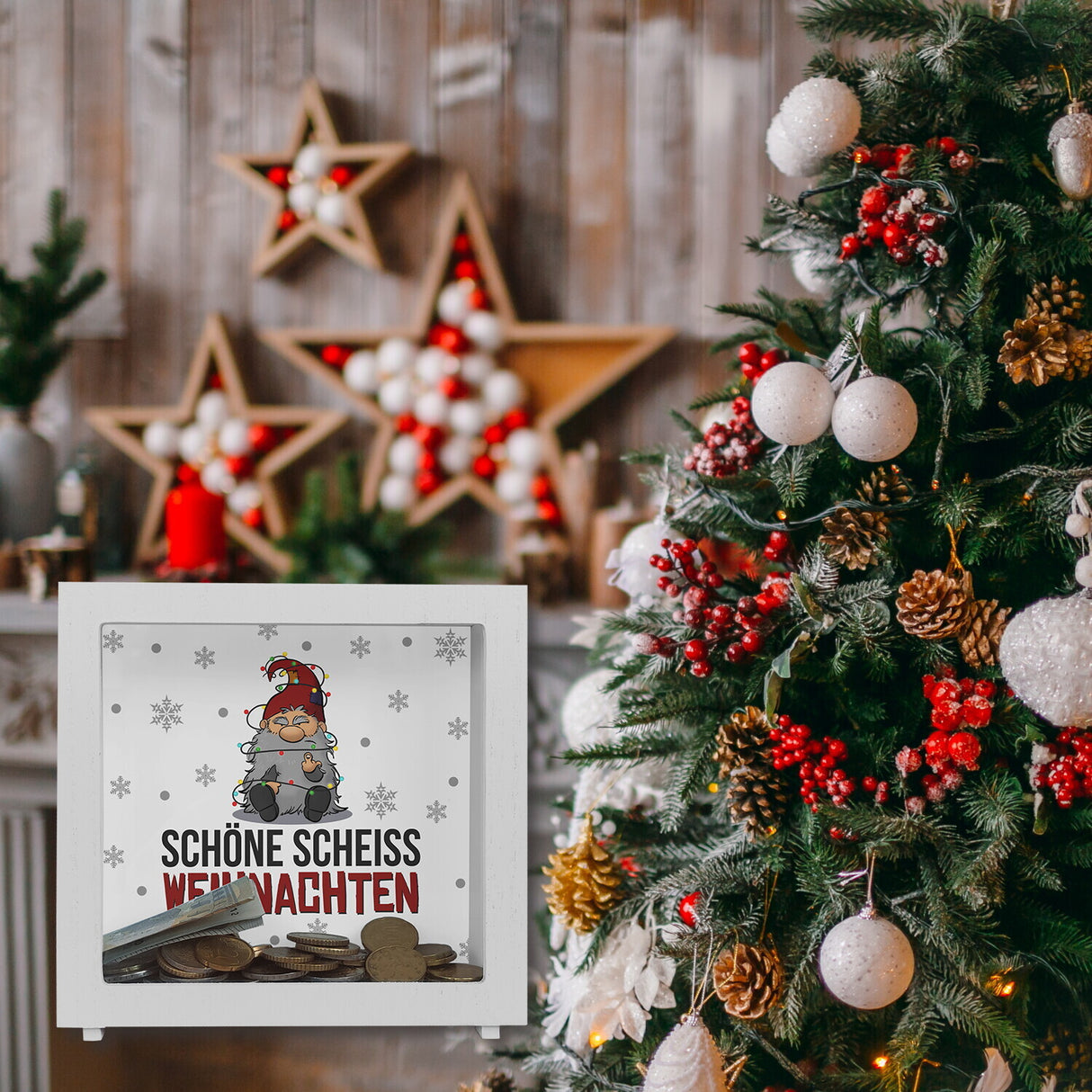Grimmiger Wichtel Spardose mit Spruch Schöne scheiß Weihnachten