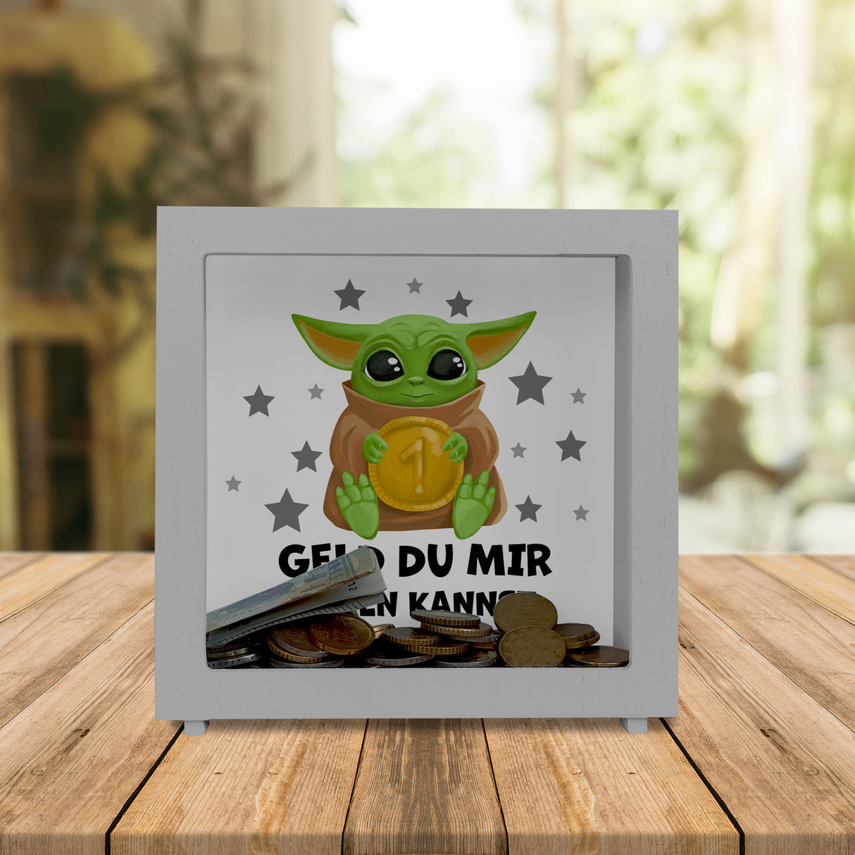 Baby-Alien Spardose mit Spruch Geld du mir geben kannst