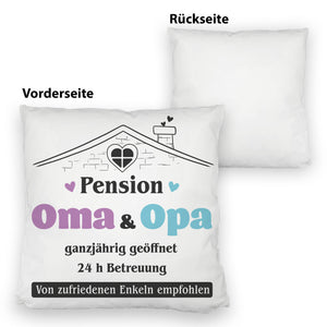 Pension Oma & Opa Kissen mit Spruch Von zufriedenen Enkeln empfohlen
