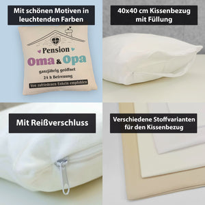 Pension Oma & Opa Kissen mit Spruch Von zufriedenen Enkeln empfohlen