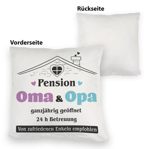 Pension Oma & Opa Kissen mit Spruch Von zufriedenen Enkeln empfohlen