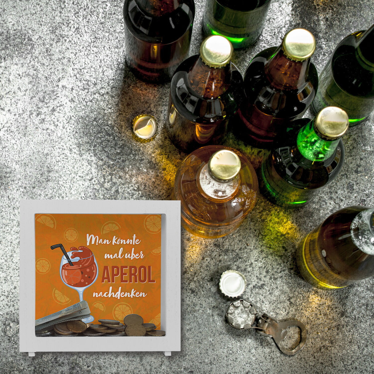 Cocktail Spardose mit Spruch Man könnte mal über Aperol nachdenken