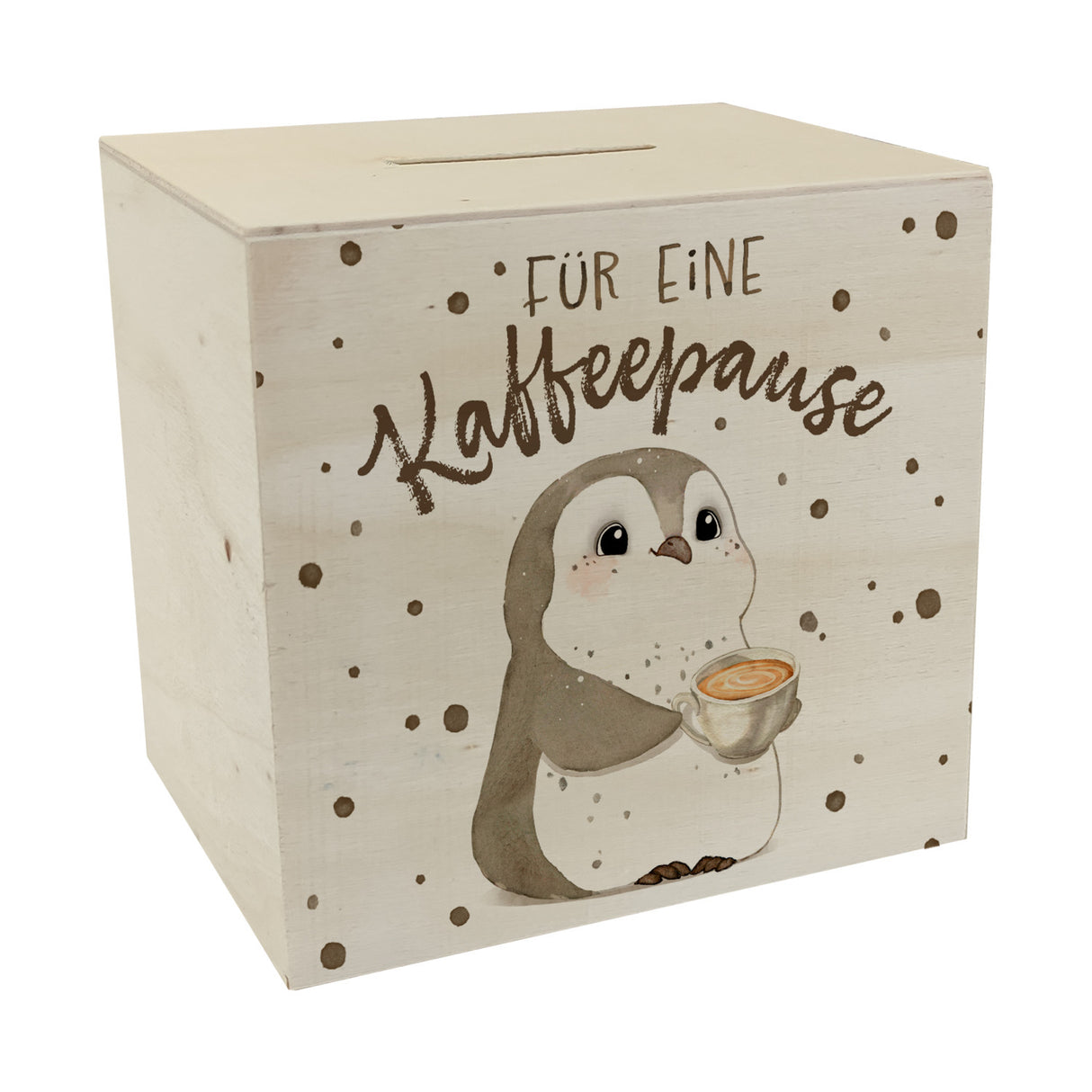 Pinguin mit Cappuccino Spardose mit Spruch Für eine Kaffeepause