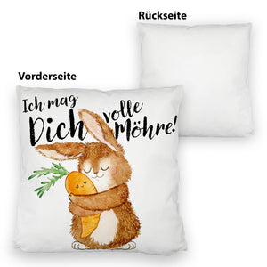 Hase Kissen mit Spruch Ich mag dich volle Möhre