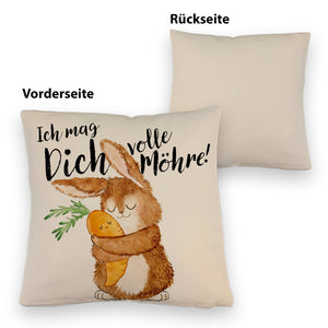 Hase Kissen mit Spruch Ich mag dich volle Möhre