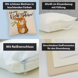 Hase Kissen mit Spruch Ich mag dich volle Möhre