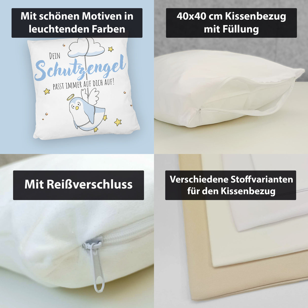 Schutzengel-Pinguin Kissen mit Spruch passe immer auf dich auf