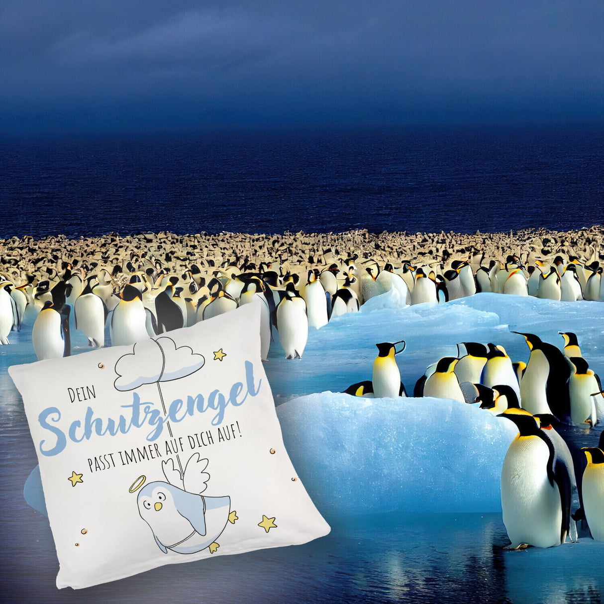 Schutzengel-Pinguin Kissen mit Spruch passe immer auf dich auf