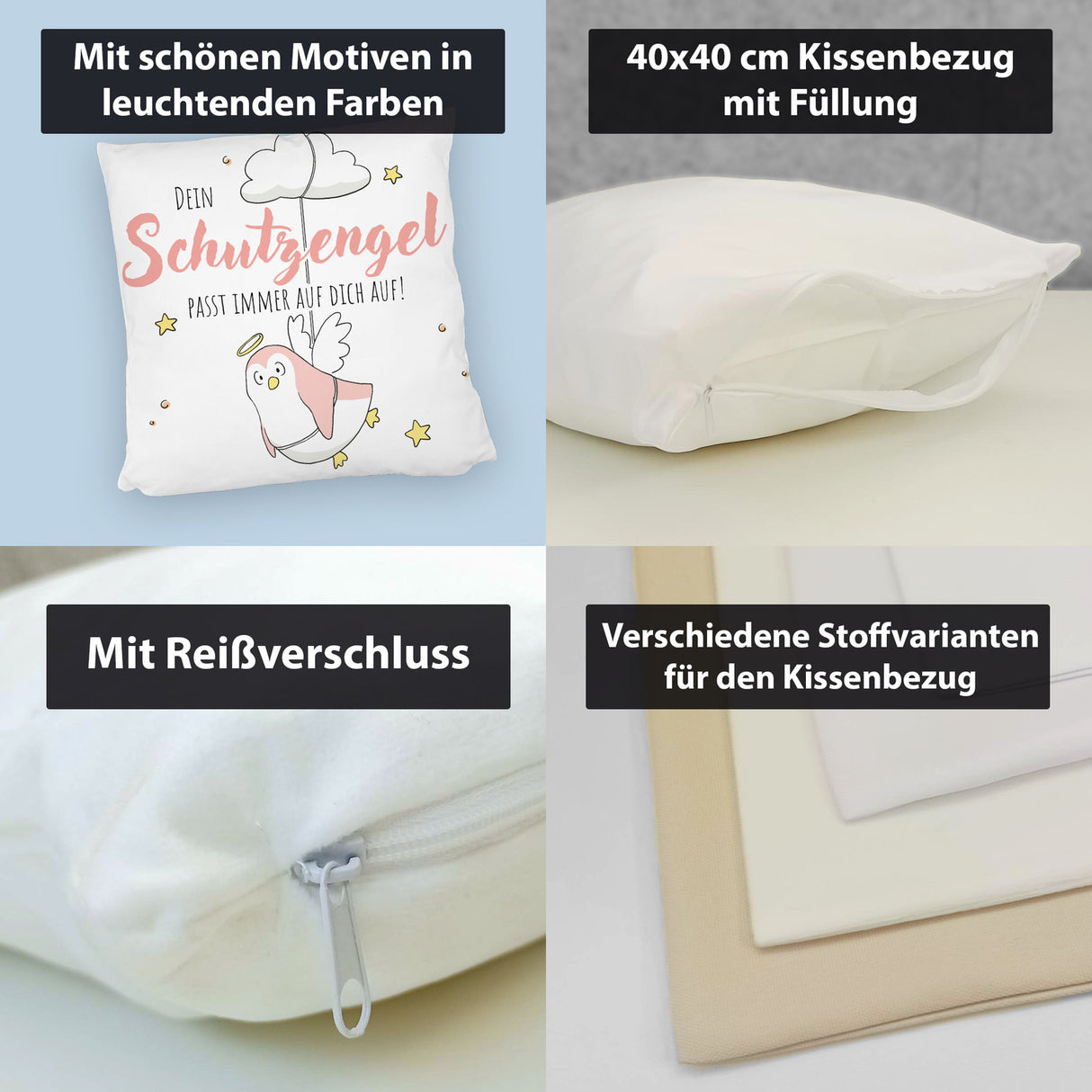 Schutzengel-Pinguin Kissen mit Spruch passe immer auf dich auf