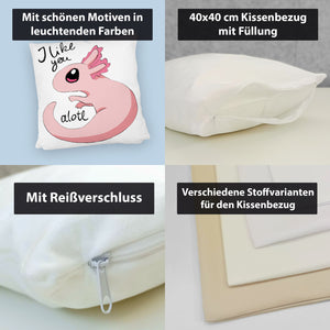 Axolotl Kissen in rosa mit Spruch I like you alotl