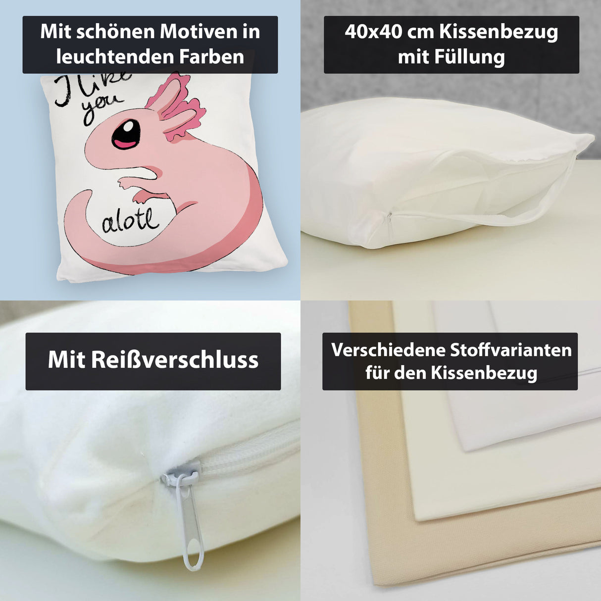 Axolotl Kissen in rosa mit Spruch I like you alotl
