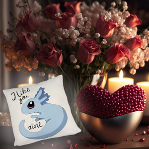 Axolotl Kissen in rosa mit Spruch I like you alotl