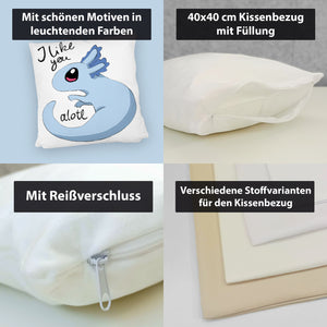 Axolotl Kissen in rosa mit Spruch I like you alotl
