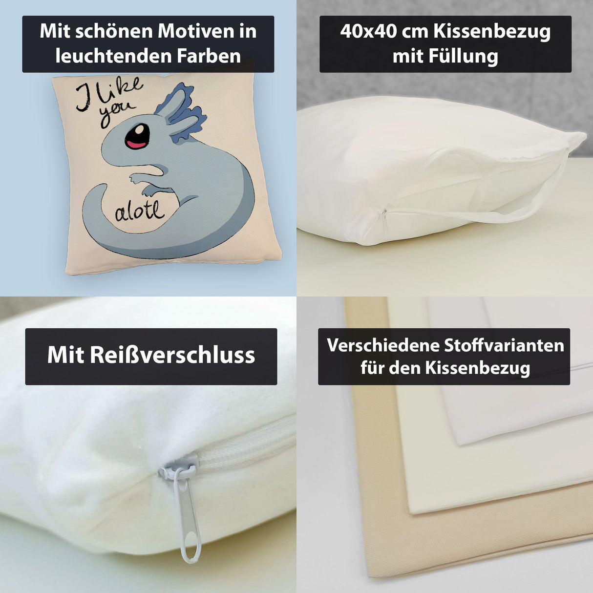 Axolotl Kissen in rosa mit Spruch I like you alotl