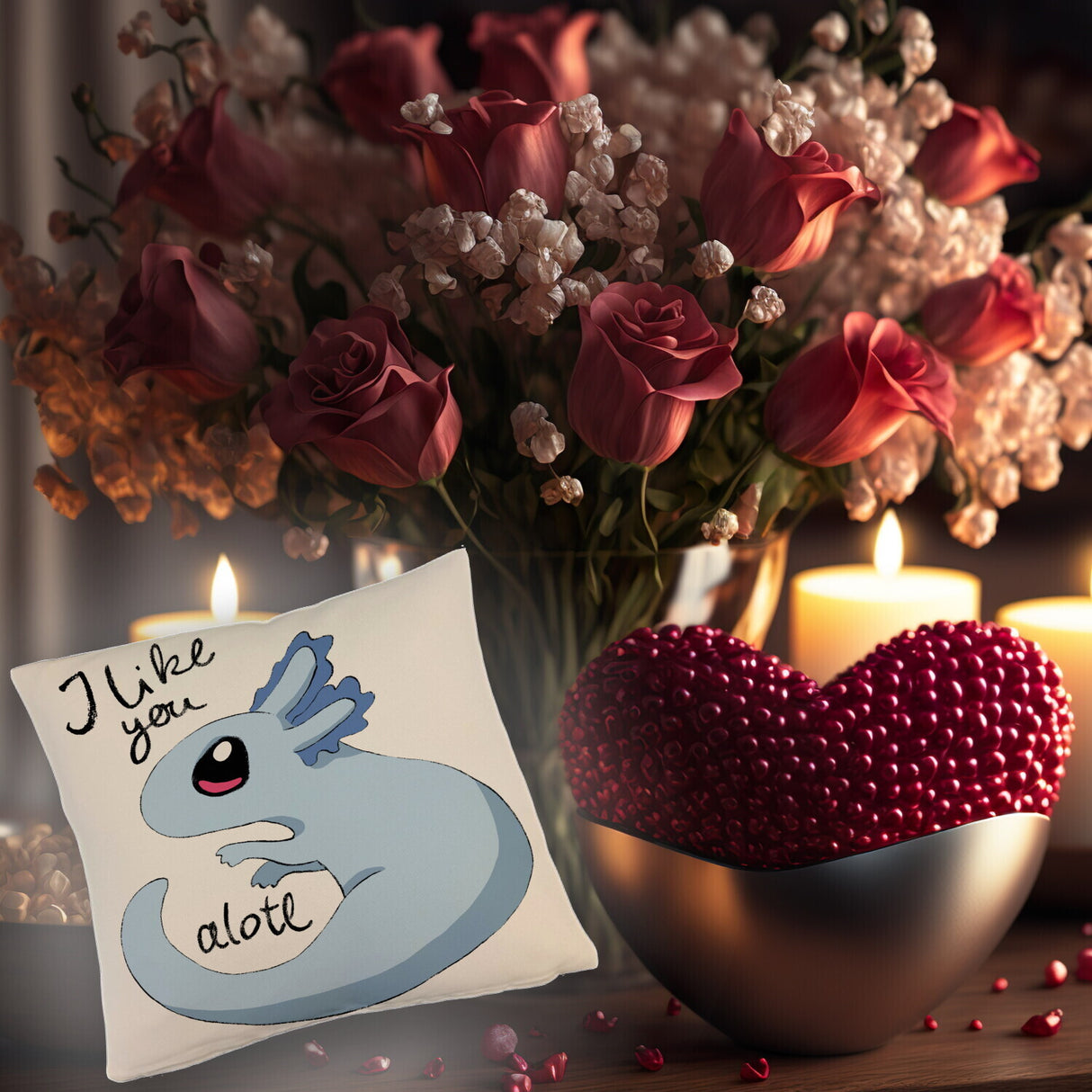 Axolotl Kissen in rosa mit Spruch I like you alotl