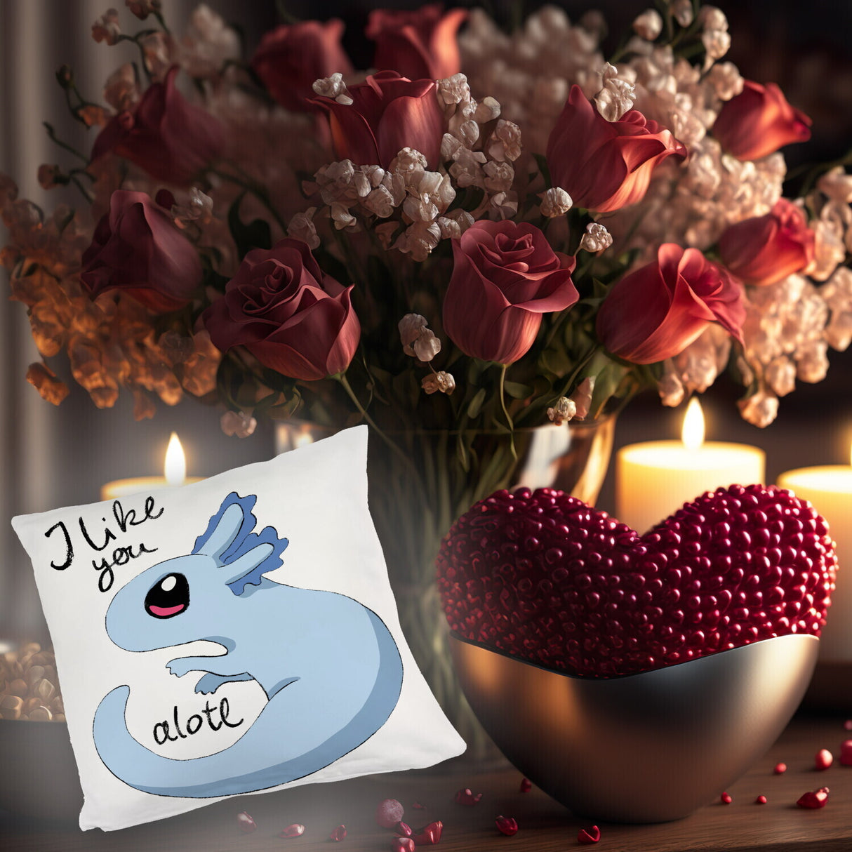 Axolotl Kissen in rosa mit Spruch I like you alotl