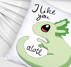 Axolotl Kissen in rosa mit Spruch I like you alotl