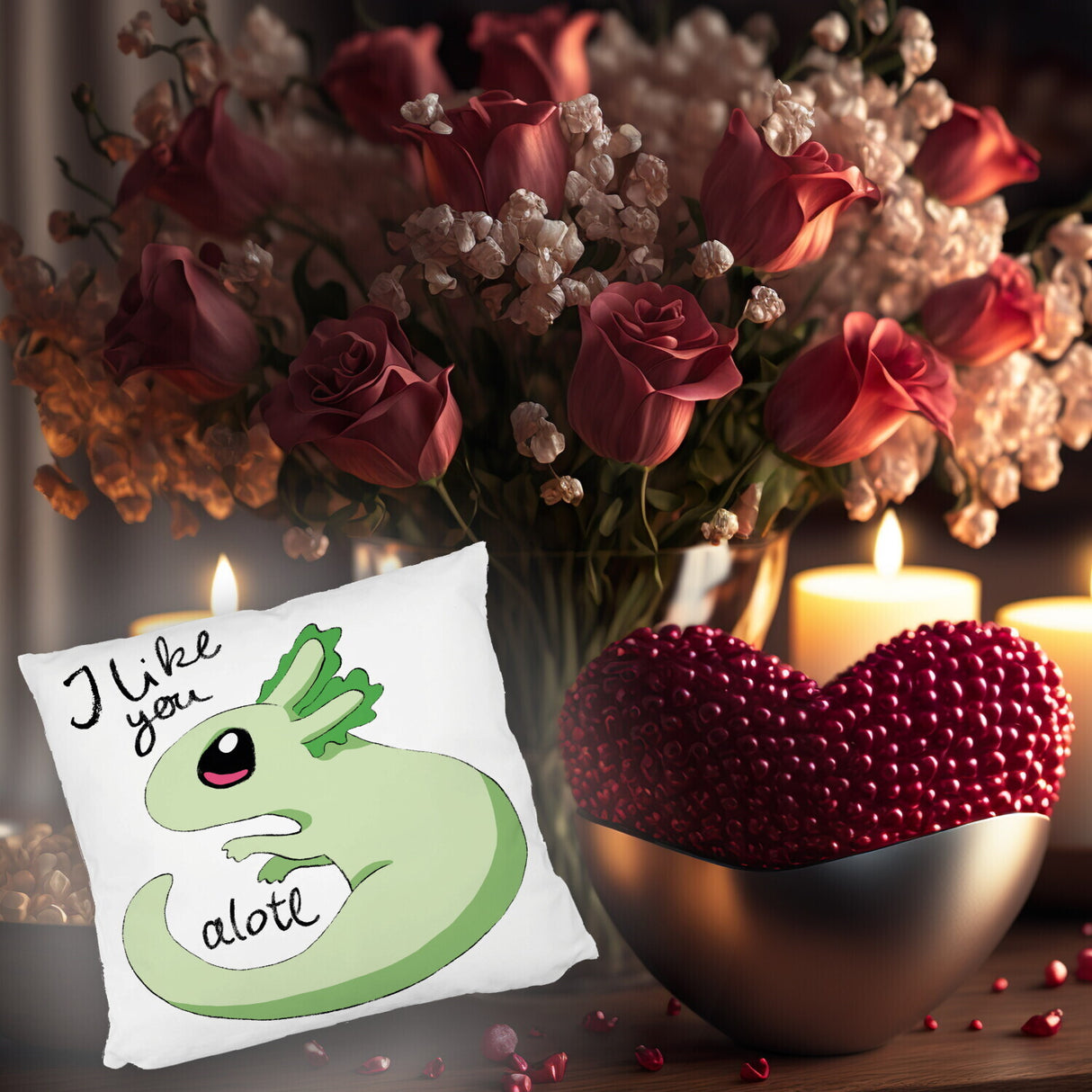 Axolotl Kissen in rosa mit Spruch I like you alotl