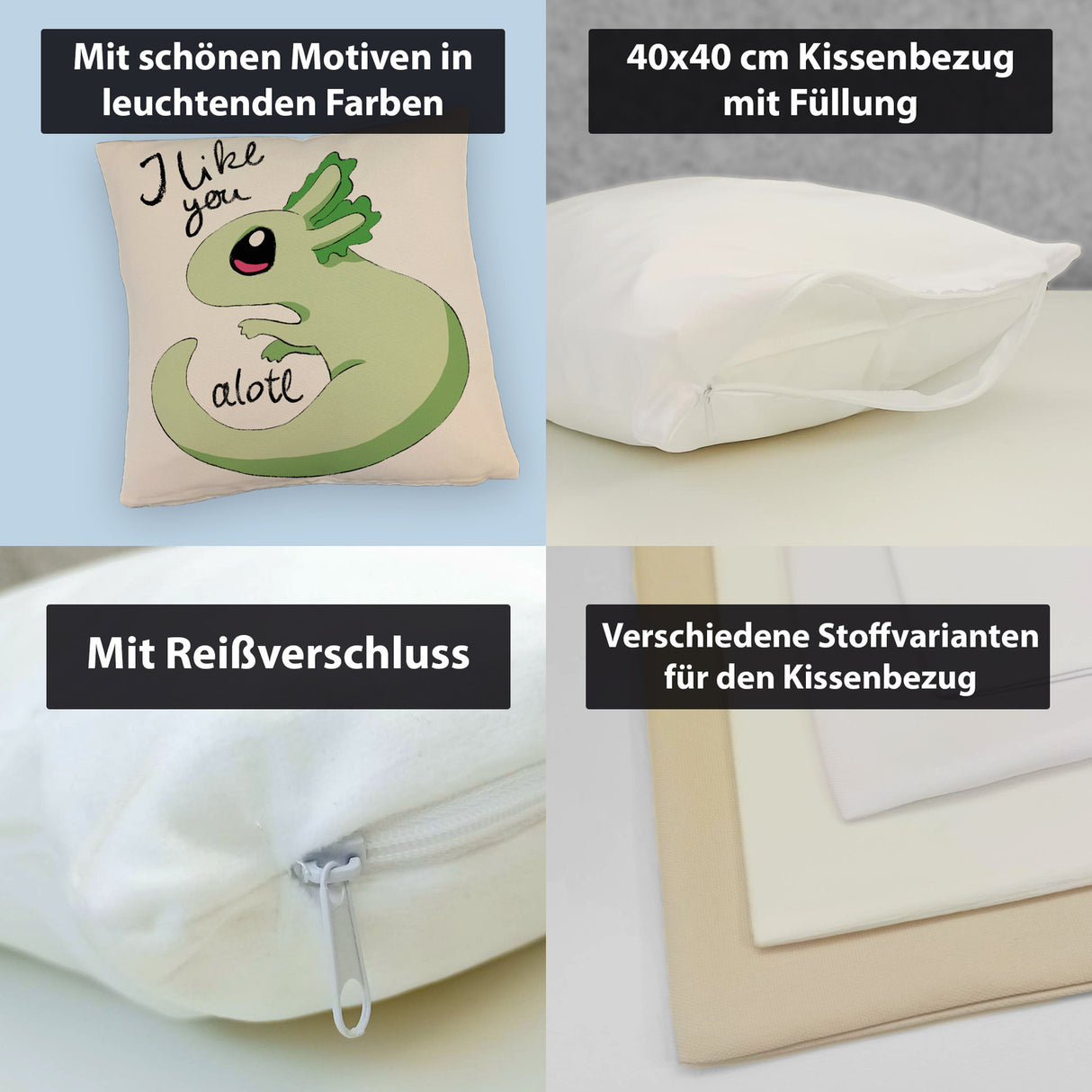 Axolotl Kissen in rosa mit Spruch I like you alotl