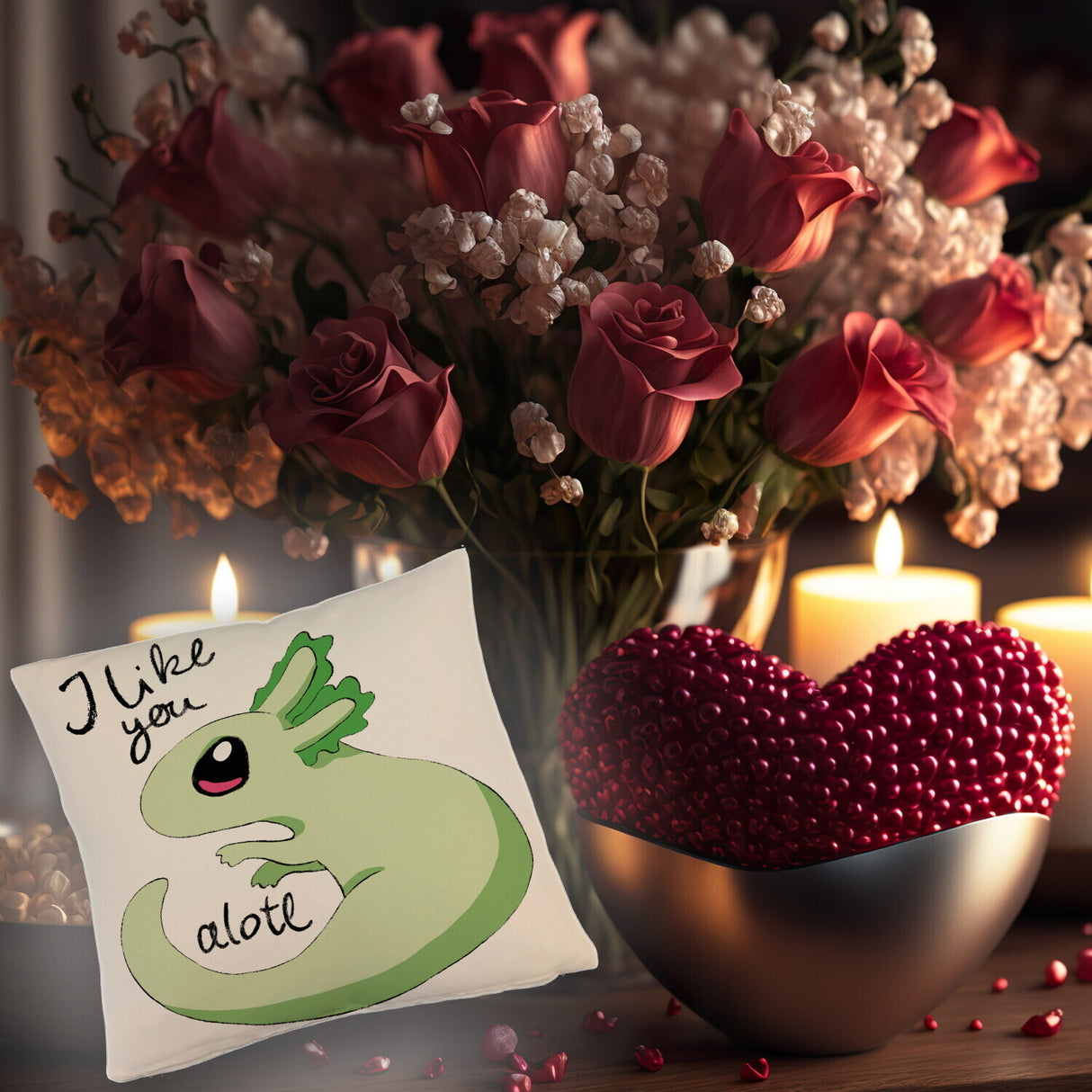 Axolotl Kissen in rosa mit Spruch I like you alotl