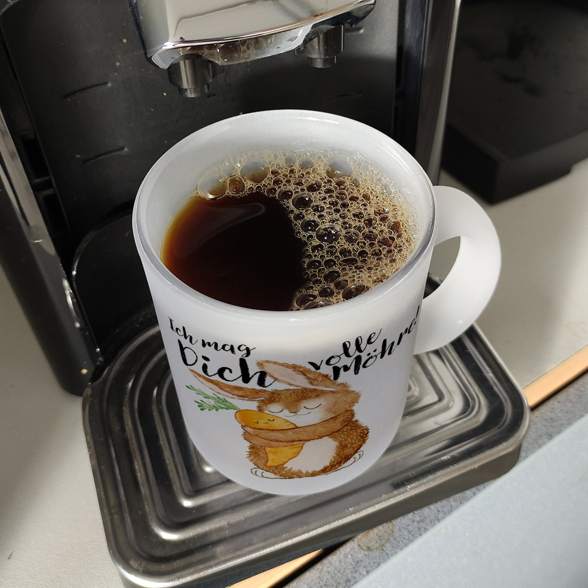 Hase Kaffeebecher mit Spruch Ich mag dich volle Möhre
