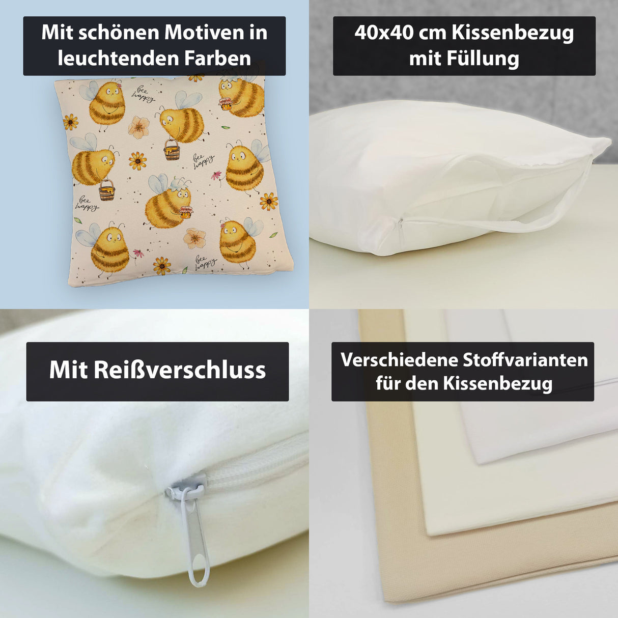 Pummel Biene Kissen mit Spruch Bee happy