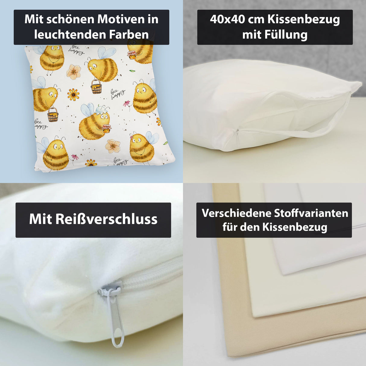 Pummel Biene Kissen mit Spruch Bee happy
